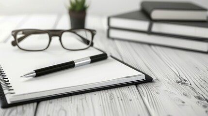 A spiraled notebook lies open next to a pen, eyeglasses, and stacked books on a wooden surface, implying a study or work setting