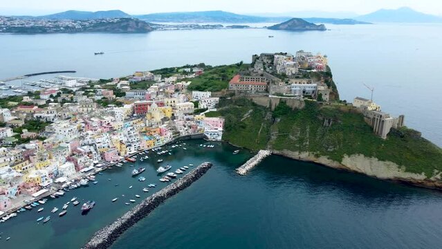 4K aerial footage of Marina Corricella on the island of Procida, Italy
