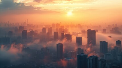 Fototapeta premium Sunrise Over a Foggy Cityscape with Towering Skyscrapers and Orange-Hued Sky
