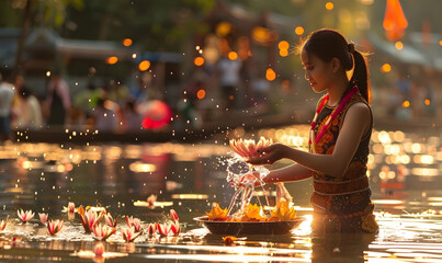 people celebrate songkran day background festival