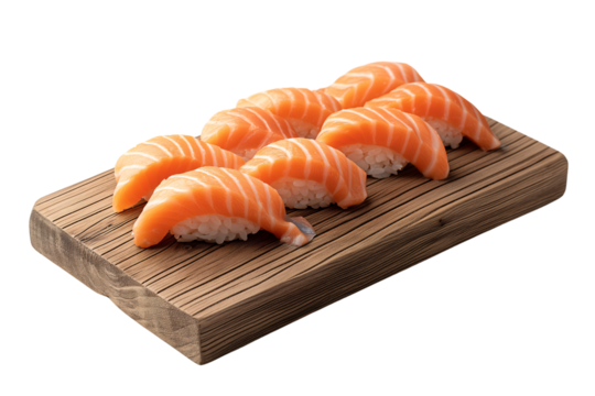 Salmon Nigiri Sushi on a Wooden Board Isolated on Transparent Background, cut out. PNG