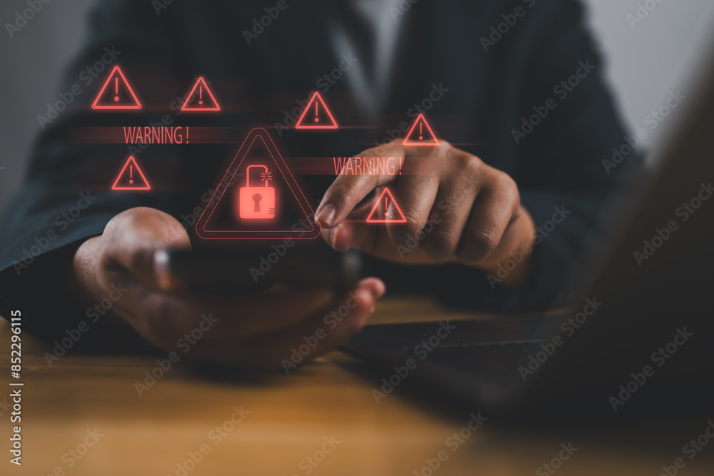 Poster Cyberattack cybercrime hacker smartphone. Internet web hack technology. Digital mobile phone in Scammer hand. Data protection, secured internet access, cybersecurity banner, Stealing data information.