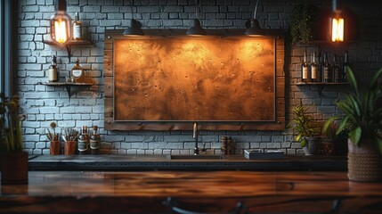 empty whiteboard cork board on a white brick wall, a horizontal large lamp on the top, dark illumination, afternoon