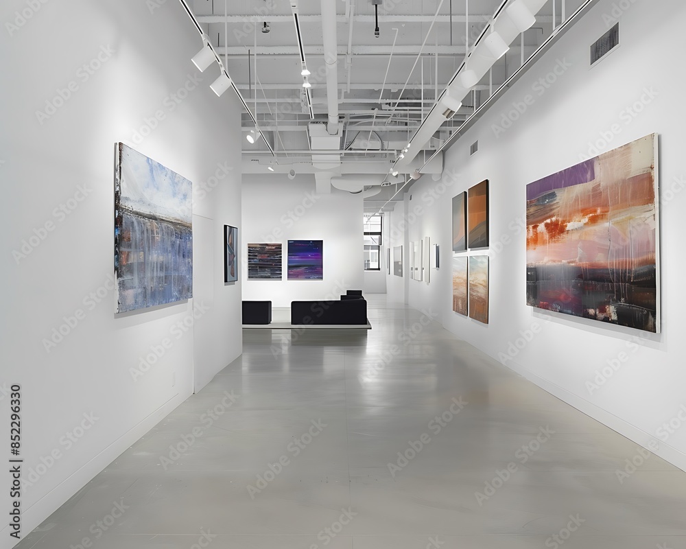 Wall mural a sleek art gallery with white walls and high ceilings, displaying a curated selection of contempora