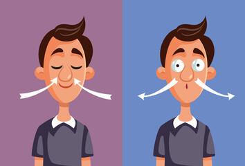 Man Inhaling and Exhaling in Breathing Exercise Vector Illustration. Male patient doing a respiration exercise feeling relaxed 
