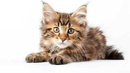 Obraz premium Maine Coon kitten posing in studio with white background Adorable young cat gazes at camera Pet care theme with room for text