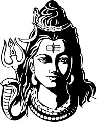 A closeup of the face of the Hindu god Lord Shiva vector design in black and white