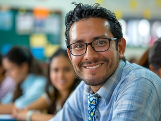 Obraz premium a young male lecturer, teacher or teaching staff wearing glasses takes a photo smiling happily in the classroom with school or campus students in the background