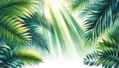 Fototapeta premium Green palm leaves with atmospheric sunlight rays streaming through. An abstract watercolor painting of an exotic tropical leaves background.
