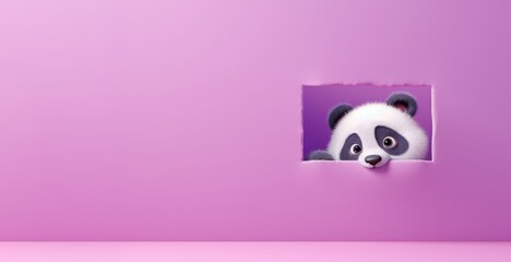 adorable panda cute hiding behind the purple wall with copy space text