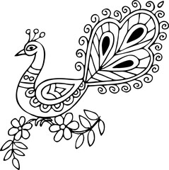 Vector illustration of a peacock design sitting on a tree branch, handrawn, tattoo design
