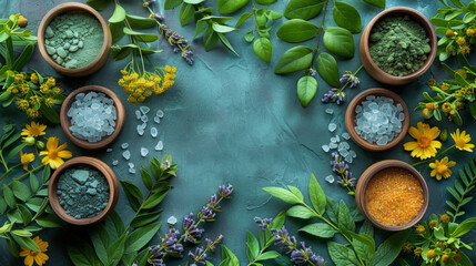 Fototapeta premium Natural herbal skin care products, top view ingredients. Cosmetic oil, clay, sea salt, herbs, plant leaves. Facial treatment preparation background