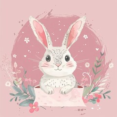 Draw banner rabbit on pink pastel for spring season