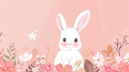 Draw banner rabbit on pink pastel for spring season