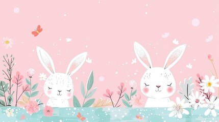Draw banner rabbit on pink pastel for spring season