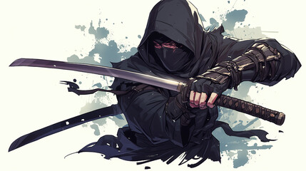 ninja with a katana in a dynamic pose on the isolated background