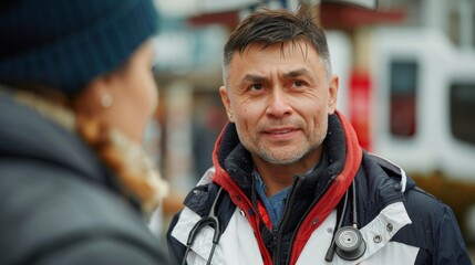 Empathetic Doctor Volunteering at Street Clinic, Providing Free Medical Care and Counseling to the Homeless