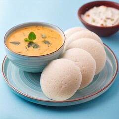 South indian food idli sambhar and coconut chutney