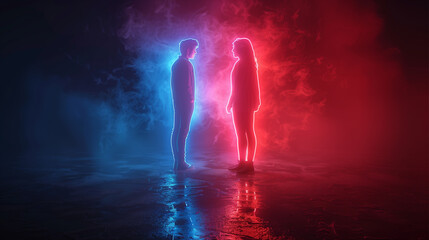 3D modern male and female icon in bright neon graphic style black background