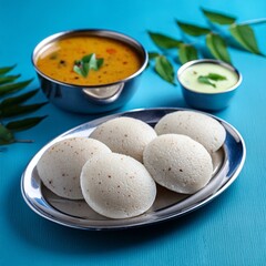 South indian food idli sambhar and coconut chutney