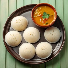 South indian food idli sambhar and coconut chutney