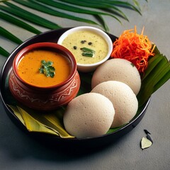 South indian food idli sambhar and coconut chutney