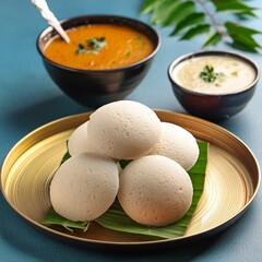 South indian food idli sambhar and coconut chutney