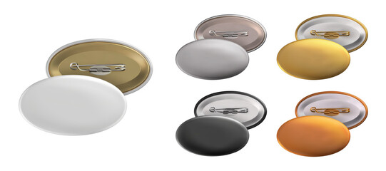 Mock Up. Set oval badge pin brooch of white, black, gold, silver, copper colors. Realistic illustration isolated on white background.
