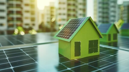 Conceptual image showing a green house model on solar panels with buildings in the background, highlighting eco-friendly living and sustainability