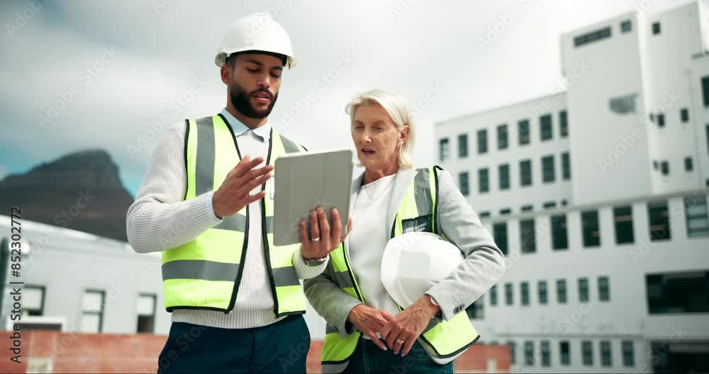 Poster Engineering, team and tablet on building for planning, goal and strategy outdoors. Man, woman and architecture with technology for construction, discussion and solar energy on property for idea