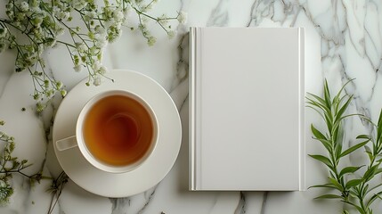 A blank white book cover on top of marble table, flat lay with tea and plants, high resolution, high quality, aesthetic background.