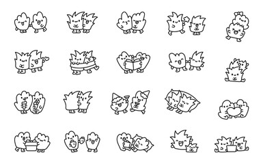 Grass couple best friends. Coloring Page. Funny cartoon characters. Hand drawn style. Vector drawing. Collection of design elements.