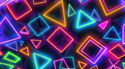 Colorful image featuring vibrant neon geometric shapes on a dark background, conveying a modern and dynamic feel