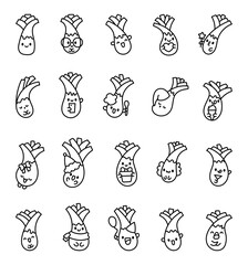 Fototapeta premium Cute kawaii vegetables leek. Coloring Page. Adorable cartoon food characters. Hand drawn style. Vector drawing. Collection of design elements.