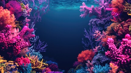 colorful underwater coral reef environment with varied coral species and a deep blue backdrop