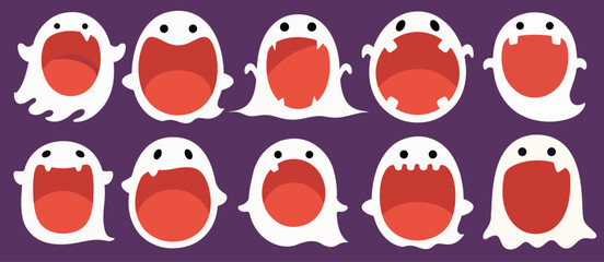 オバケが口を大きく開けているかわいいイラストのセット、テキストスペース