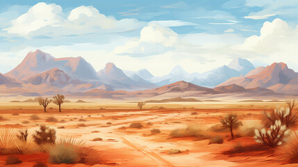 Expansive Arid Desert with Cracked Earth and Distant Blue Mountains Under a Clear Sky