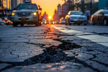 City Street Chasm Threatens Cars at Sunset