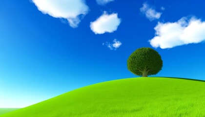 A serene and vibrant scene with a single large tree standing on a lush green hill under a bright blue sky with scattered white clouds.