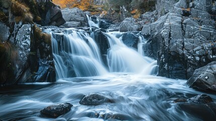 Long exposure shot of a mountain river waterfall during autumn