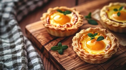 Egg tarts placed on a wooden table with a checkered design