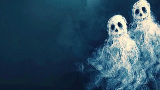 Two glowing silhouetted figures without faces against a dark abstract background, creating a mysterious and eerie vibe