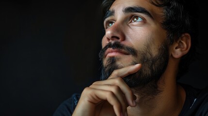 A man in deep contemplation questioning the purpose of life with hand on chin and beard
