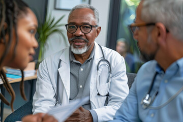 Fototapeta premium Experienced doctor over 50 collaborating with medical staff and discussing treatment plans with colleagues, emphasizing teamwork and expertise