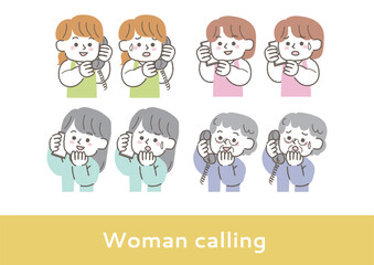 Fototapeta premium 電話をして困っている女性と笑顔の女性のイラストセット