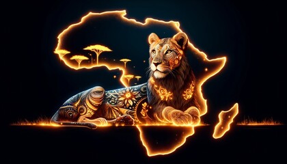 A glowing patterned lioness with intricate luminous designs lying across the map of Africa.