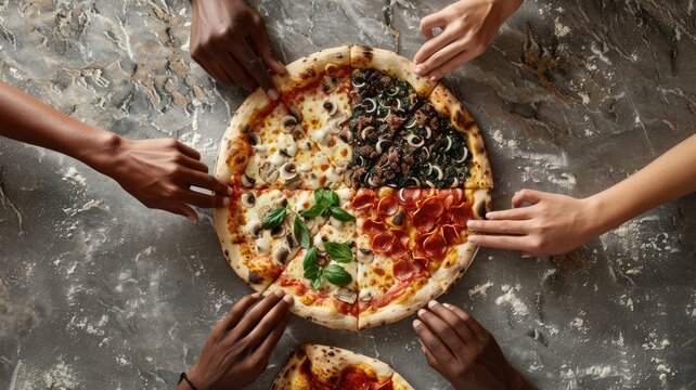 Diverse people hands reaching for a mixed topping pizza on a flour-dusted table. Top down aerial view of people with mixed raced holding and sharing the pizza pieces. Food and sharing concept. AIG53F.