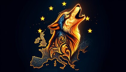 A glowing patterned wolf head howling against the shape of Europe.