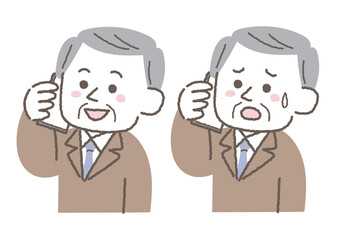 電話をして困っている中年男性と笑顔の中年男性のイラストセット