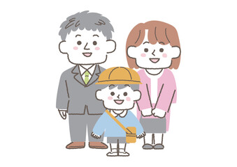 両親と一緒にいる幼稚園生の男の子のイラスト